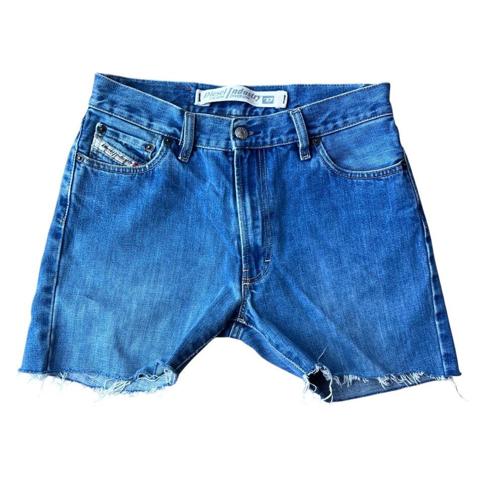 Diesel Blue Jean Shorts with Frayed Hem and Mid-Thigh Length Size 28